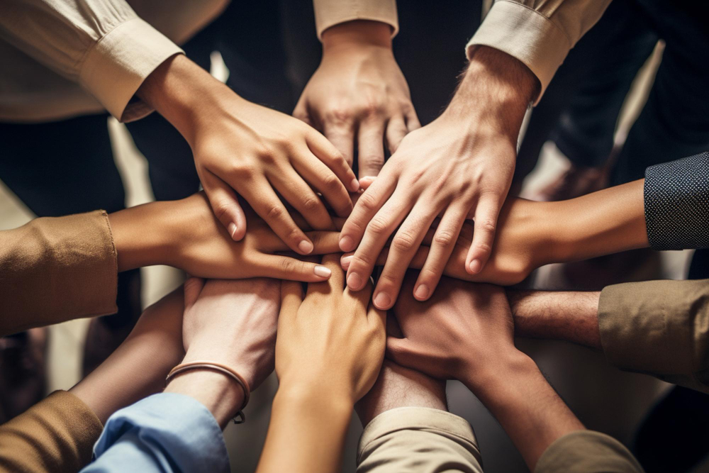 Overhead view of diverse team members' hands joined together in a symbol of unity and collaboration at Fredo.ai.