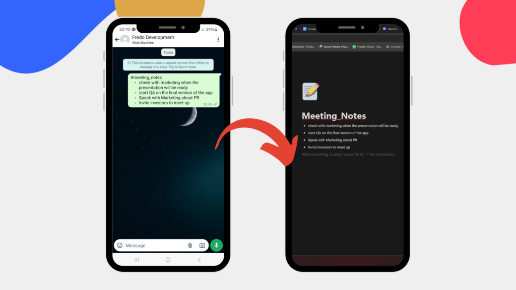 Activate Fredo's WhatsApp integration, and start sending messages to designated Notion pages with a simple command.